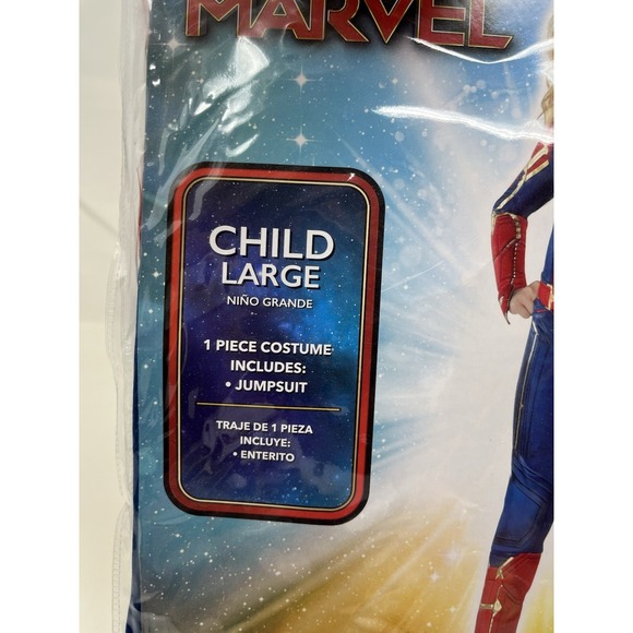 Captain Marvel Hero Halloween Costume Girls Large 12-14, Jumpsuit, Light Up Star - Picture 2 of 8